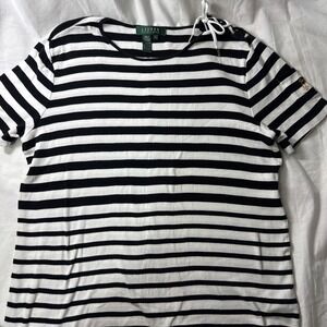 LAUREN RALPH LAUREN Women's Black & White Stripe T-Shirt Med  w/String Detailed